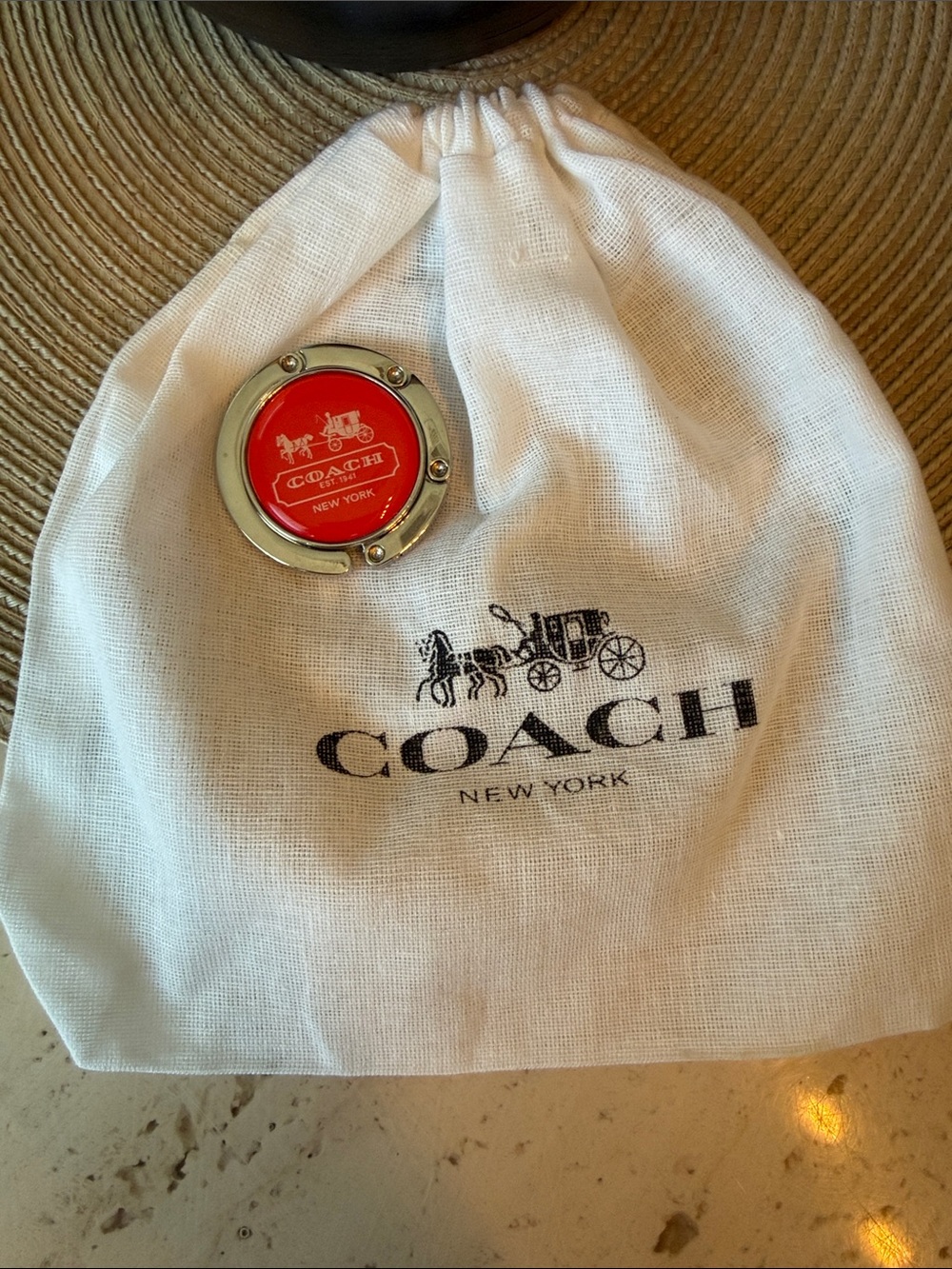 Coach Red and Silver Purse Hook with Carriage Logo & Dustbag
